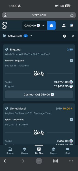 A screenshot of a mobile betting slip on Stake.com showing two active bets: a CA$250 wager on England to win the 3rd place final against France (odds 2.55, payout CA$637.50), and a CA$7 bet on Lionel Messi to score anytime (90' + stoppage time) in Spain vs Argentina (odds 2.50). The image directly supports the post by displaying the CA$250 England bet referenced, along with the Stake.com platform branding.