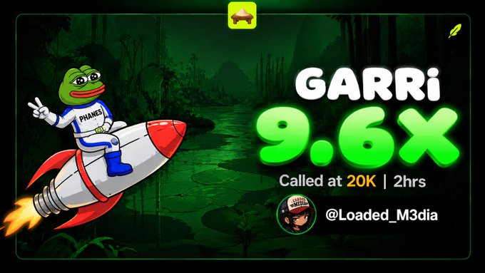 The image is a promotional graphic celebrating the token "$GARRI" achieving a 9.6x return, called at 20K with a 2-hour timeframe, credited to "@Loaded_M3dia," and features Pepe the Frog riding a rocket against a jungle background. The caption humorously relates to the post by implying that despite the impressive gains shown, the creator was dumped on or used as exit liquidity by downlines.