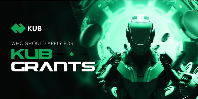 The image features a poster with a robot wearing a helmet and surrounded by green lights. The text on the poster reads "Who should apply for KUB Grants?". This suggests that the poster is promoting an initiative or program related to Web3 technology, possibly offering grants to support innovative projects in this field.