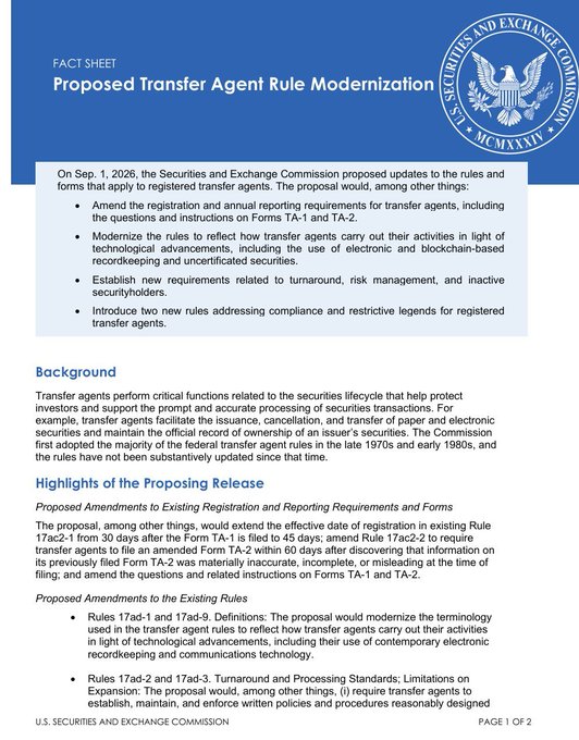 The image is an SEC Fact Sheet titled "Proposed Transfer Agent Rule Modernization," outlining a September 1, 2026 proposal to update transfer agent rules, including modernizing language to address blockchain-based recordkeeping and electronic communications, and establishing new requirements related to turnaround times, risk management, and inactive securityholders.

The image directly supports the post's claim about SEC modernization efforts, providing official documentation that the SEC is indeed proposing blockchain-related changes to transfer agent regulations—which is relevant to $PLUME's positioning through its SEC-registered transfer agent subsidiary, Kimber.