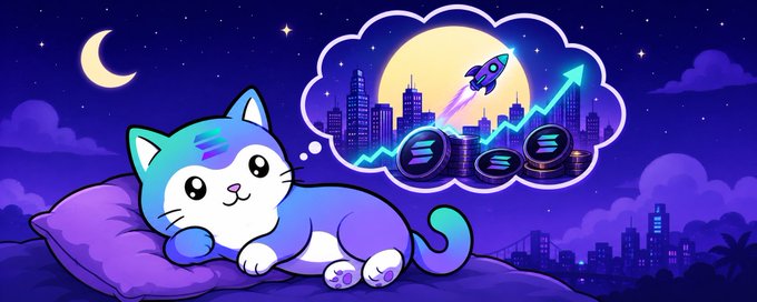 A cartoon illustration of a sleeping blue and purple cat dreaming of a cityscape with a rocket ship launching, stacks of coins, and an upward-trending arrow.