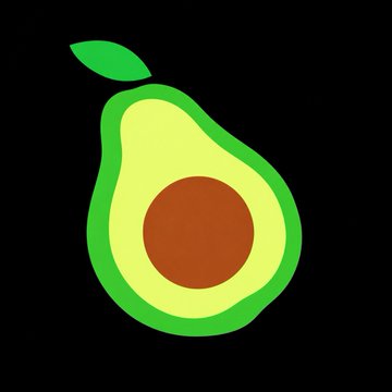 An avocado emoji-style illustration showing a halved avocado with the pit, surrounded by dark green skin and light green flesh on a black background.