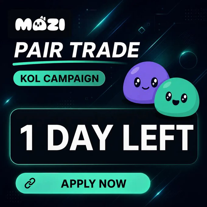 A promotional graphic for the Mozi 'Pair Trade' KOL Campaign, showing two cute blob characters, a '1 DAY LEFT' countdown, and an 'APPLY NOW' button.