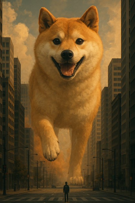 The image features a large, cartoonish dog with a big smile standing in front of tall buildings, giving the impression that the dog is floating above them. The scene takes place on an urban street where there are several cars parked along the side. A person can be seen walking down the sidewalk near the dog and the buildings.