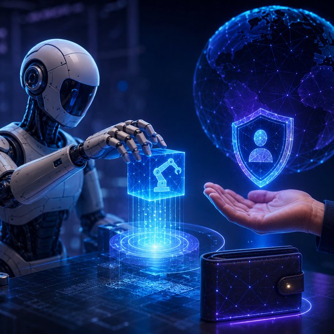 A futuristic digital illustration depicts a white humanoid robot interacting with a glowing blue holographic cube, while a human hand holds a shield icon with a user symbol against a backdrop of a digital globe and a wallet.