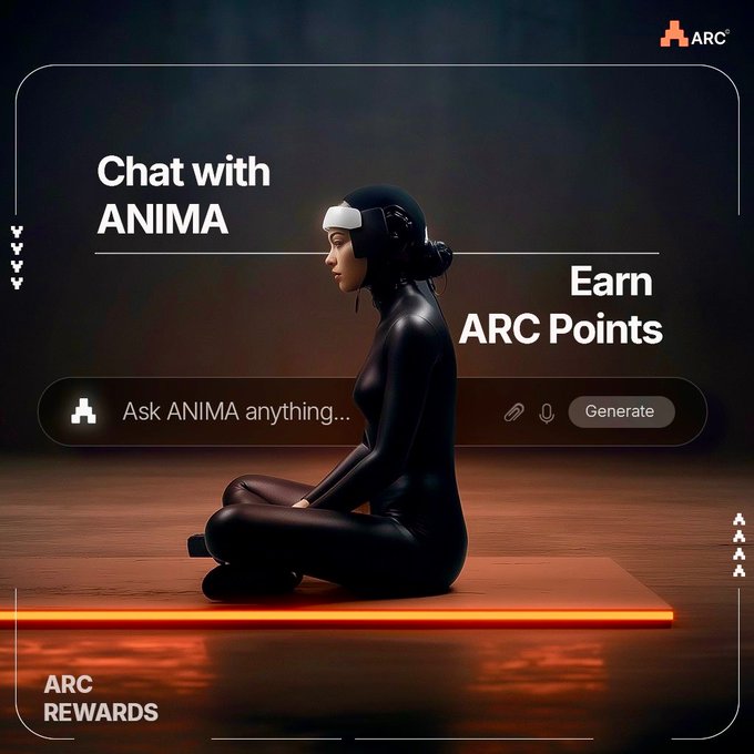 The image features an animated woman sitting cross-legged with her legs crossed while wearing a black outfit. She has headphones on her head and appears to be engaged in a conversation or video call, possibly using ANIMA AI for assistance. The text at the bottom of the image reads " Chat with ANIMA ANIMA Ask ANIMA anything... Generate ARC Points".
