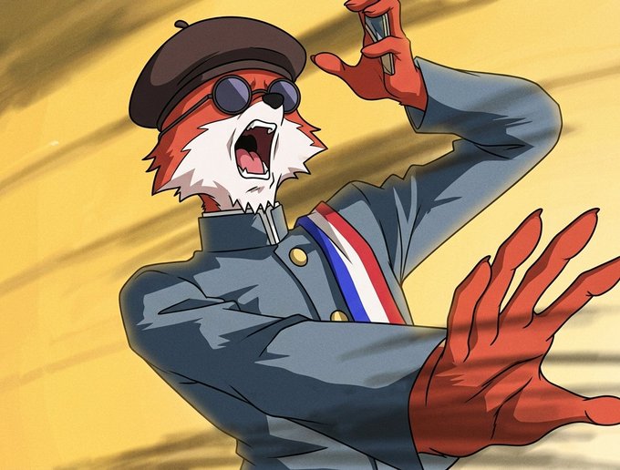 An anime-style illustration of a red anthropomorphic fox character wearing a beret, round sunglasses, and a blue military-style jacket with a tricolor sash.
