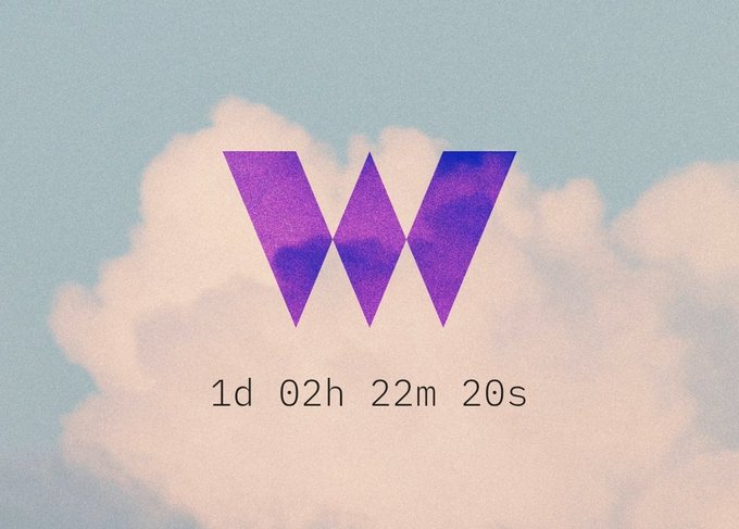A countdown timer showing '1d 02h 22m 20s' beneath a purple gradient 'W' logo set against a dreamy sky with clouds.