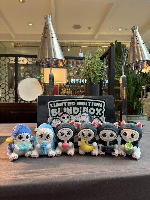 The image features a collection of six stuffed animals, including five teddy bears and one cat, arranged neatly on a table. The table also has a sign that reads "Limited Edition Blind Box" above the stuffed animals. The background shows a dining room with potted plants placed around the area.