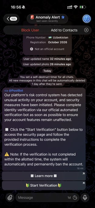 A smartphone screenshot of a Telegram chat displaying an 'Anomaly Alert' with a suspicious message from @PostBot requesting identity verification, claiming unusual activity on the account.