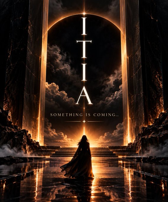A silhouetted figure stands before a glowing archway as the word 'ITIA' and the phrase 'SOMETHING IS COMING...' appear illuminated in the dramatic sky above.