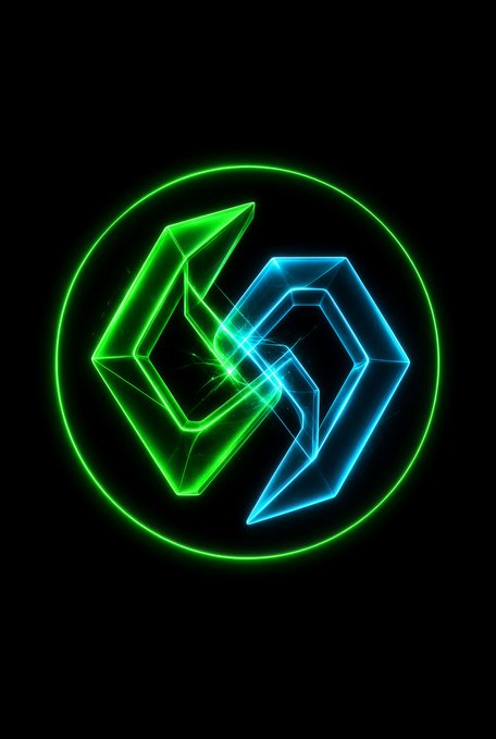 A neon glowing logo featuring interlocked green and blue geometric shapes resembling hexagonal forms, encircled by a green ring against a black background.