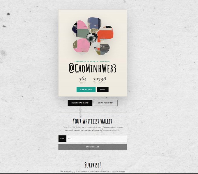 A digital graphic for a 'FRAGMENTS OF GROWTH' NFT whitelist featuring a four-leaf clover made of colorful abstract shapes, the handle '@caominhweb3', and rank numbers 564 and 30798, along with buttons for 'APPROVED' and 'GTD'.