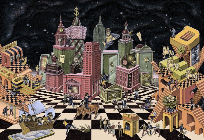 A whimsical illustrated cityscape featuring various landmarks including Lobster's, a stock exchange building, FTX, and Utopia, with people, horses, and figures scattered across the black-and-white checkered ground under a starry sky.