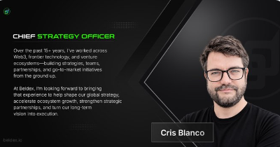 A professional profile slide for 'Cris Blanco', Chief Strategy Officer, featuring his photograph, glasses, and a brief biography detailing 15+ years of experience in Web3, frontier technology, and venture ecosystems.