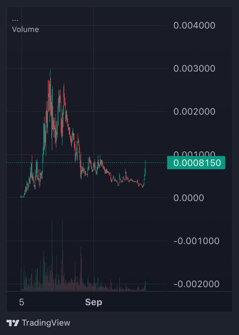 A TradingView candlestick chart showing volume data for early September, with prices ranging roughly between 0 and 0.004000, highlighting a current value of 0.0008150.