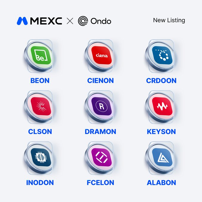 A promotional graphic from MEXC and Ondo announcing the listing of nine new tokenized stocks, displayed in a 3x3 grid with their tickers: BEON, CIENON, CRDOON, CLSON, DRAMON, KEYSON, INODON, FCELON, and ALABON, each represented by a distinct colorful icon.