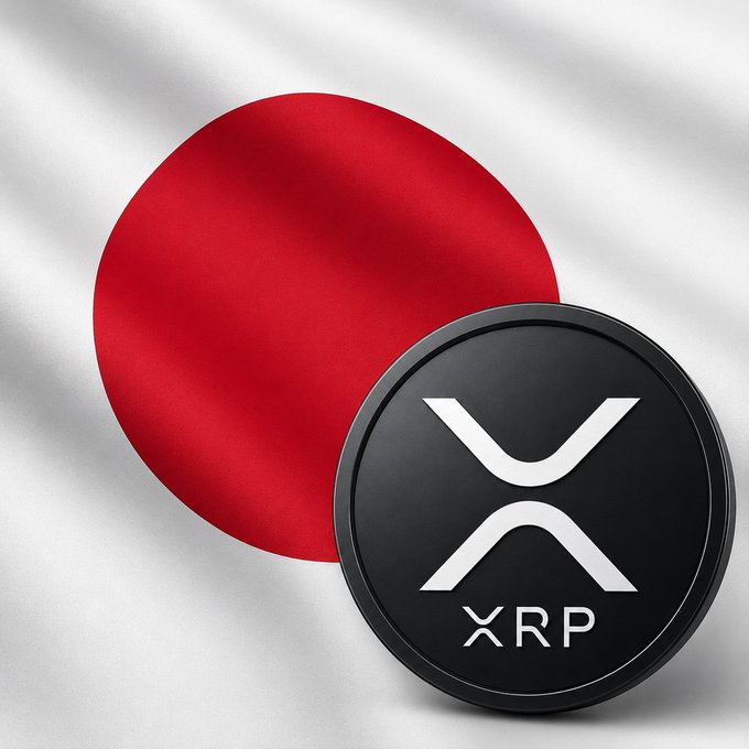 A Japanese flag waves in the background behind a black XRP cryptocurrency coin featuring the Ripple logo and ticker. The image visually reinforces the post's message about Japanese companies increasing their exposure to XRP amid a weakening yen, highlighting Japan's strong ties to Ripple's ecosystem.