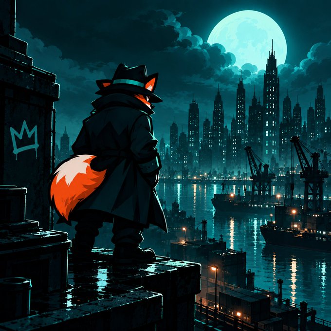 An anthropomorphic fox in a detective's trench coat and fedora stands on a rooftop overlooking a moonlit harbor city skyline, with a crown graffiti marking on the adjacent wall. The noir-style investigative imagery connects to the post's theme of investigating the alleged hack or rug pull of the @avici project, reinforcing the caption's call for users to review the evidence at rughunters.xyz/cases/3.
