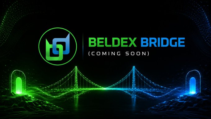A promotional banner for 'BELDEX BRIDGE (COMING SOON)' featuring the Beldex logo alongside neon green and blue stylized bridges against a dark starry background.