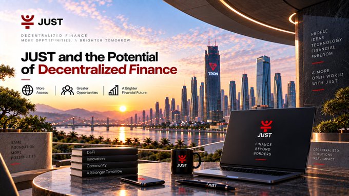 A promotional graphic for JUST cryptocurrency with the headline "JUST and the Potential of Decentralized Finance" and subheading "More Opportunities, A Brighter Tomorrow," shown against a city skyline at sunset with JUST-branded merchandise on a table.