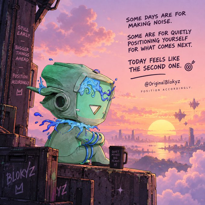 An illustration by @OriginalBlokyz showing a green robot character sitting on a crate overlooking a sunset cityscape, with text reading 'SOME DAYS ARE FOR MAKING NOISE...' and 'POSITION ACCORDINGLY.'