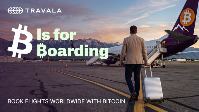 A man in a tan blazer pulls a silver suitcase across the tarmac toward a purple Bitcoin-branded airplane at sunset, promoting Travala's "B is for Boarding" campaign with the tagline "Book Flights Worldwide with Bitcoin." The image visually reinforces the post's message about Travala's new feature allowing travelers to book flights directly using Bitcoin without converting to fiat currency.