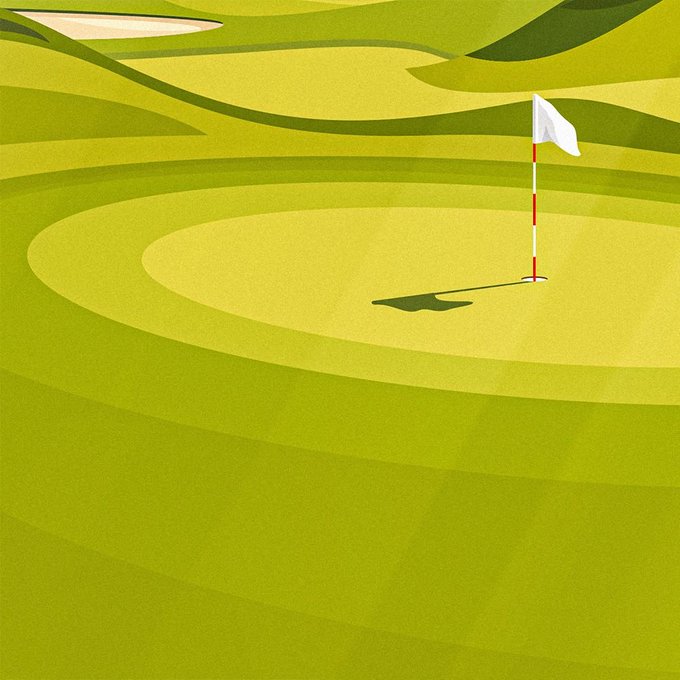 An illustration of a golf green featuring a sand bunker in the background and a white flag on a red-and-white striped pin casting a shadow on the putting surface.