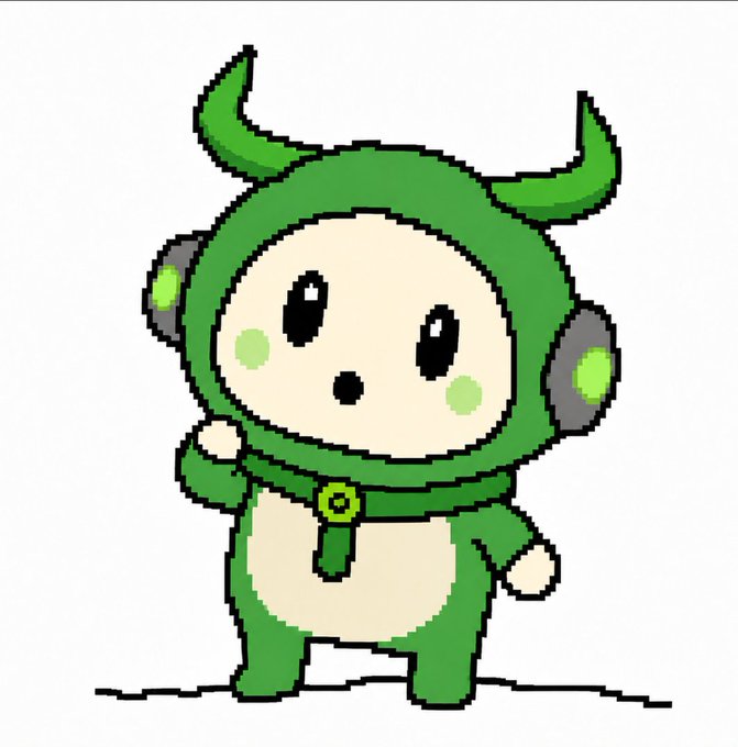 A cute cartoon character in a green horned hooded outfit with headphones and a small surprised expression.