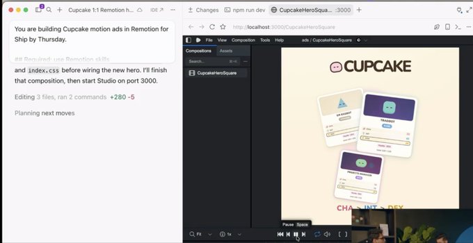A split-screen showing a Notion task list about building Cupcake motion ads in Remotion alongside a browser preview of the Cupcake app design with wallet connection mockups.