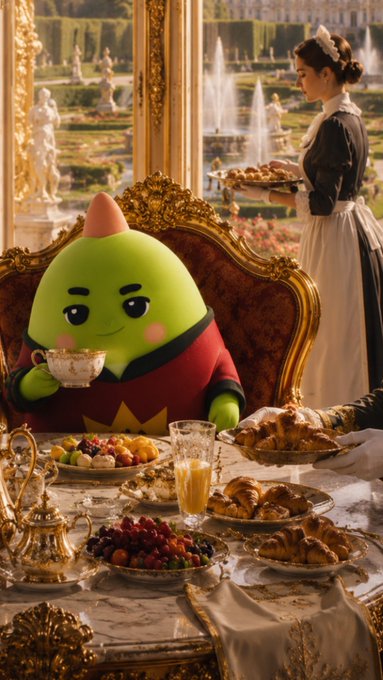 The image features a green alien sitting at a dining table filled with food, surrounded by various dishes such as fruit, pastries, and other items. The table also has cups of tea and wine placed around it. A person dressed in a maid's uniform is present near the table, possibly attending to guests or cleaning up after them.

The post seems to be promoting a company that focuses on sustainable growth and community building through various sectors. It highlights the importance of long-term vision and collaboration among different industries for a better future.