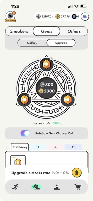 A mobile app screenshot showing a game or reward interface with categories like 'Sneakers', 'Gems', and 'Others', displaying currency balances and a 100% success rate for upgrades.