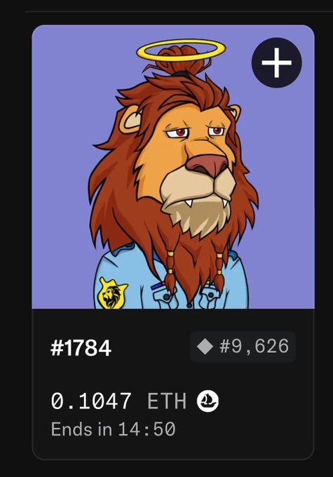 An NFT listing card displays a cartoon lion with a halo wearing a blue jacket, priced at 0.1047 ETH, with #1784, ending in 14:50.