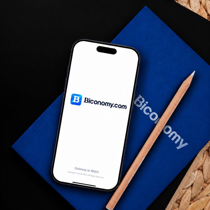 A smartphone displaying the Biconomy.com logo and "Gateway to Web3" text rests on a dark blue notebook with "Biconomy" printed on it, accompanied by a wooden pencil on a black surface.