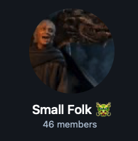 A Discord server icon titled "Small Folk" with 46 members, featuring a circular image of a smiling woman alongside a dragon-like creature, accompanying a post discussing insights from CT (Crypto Twitter) activity and onchain trading patterns.
