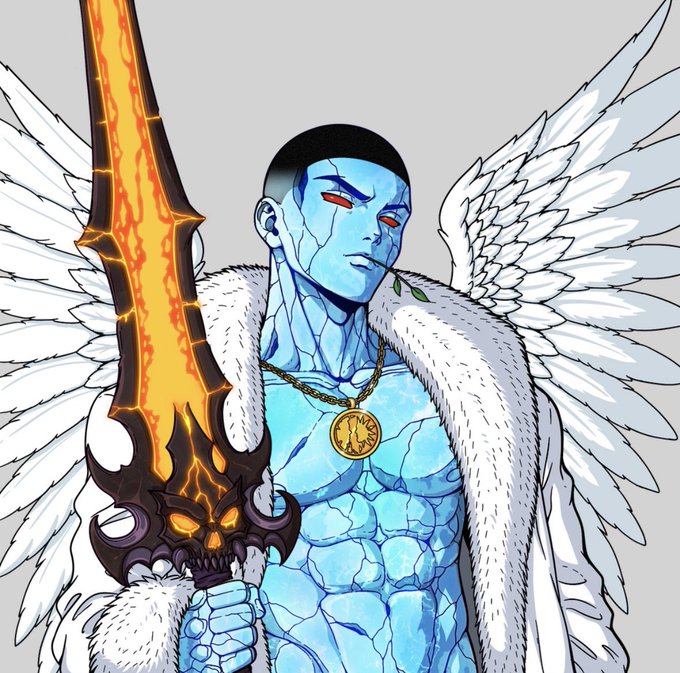 A drawn illustration of a muscular blue-skinned humanoid with white wings, wearing a fur coat and a gold coin necklace, holding a fiery sword with a demonic hilt.