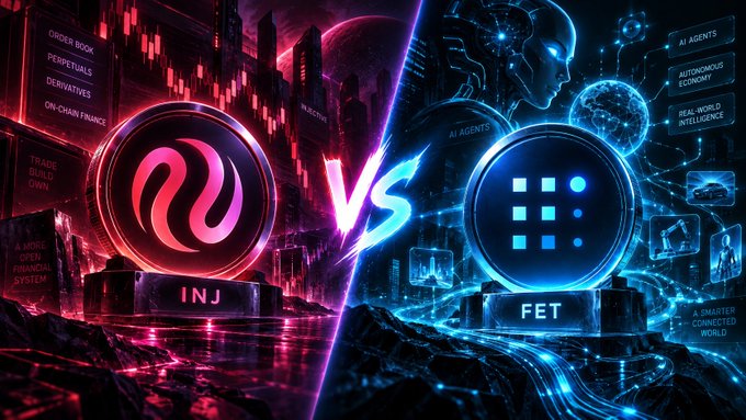 Promotional graphic showing a 'VS' battle between two cryptocurrencies: INJ on the left with a red/pink theme highlighting order books, perpetuals, and derivatives, versus FET on the right with a blue/AI-themed design featuring autonomous economy and real-world intelligence.