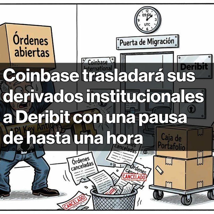 A cartoon illustration showing a man throwing away boxes labeled 'Órdenes canceladas' (Canceled orders) near signs for Coinbase and Deribit, with text reading 'Coinbase trasladará sus derivados institucionales a Deribit con una pausa de hasta una hora.'