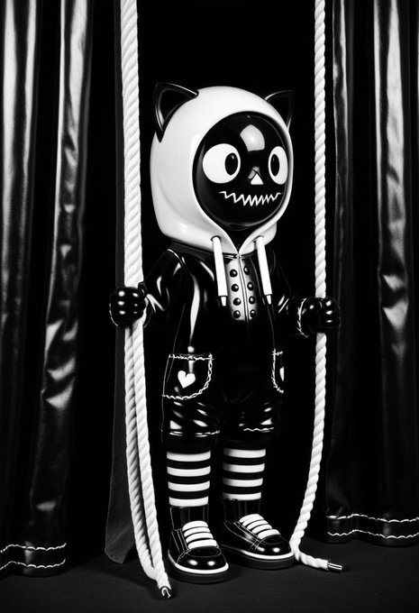 A black-and-white image features a stylized cat-like puppet character with a wide, toothy grin, standing between ropes against dark curtains, evoking a haunting puppet-show aesthetic. The eerie mascot ties into the "Midnight Puppets" theme teased in the accompanying post, building anticipation for an upcoming crypto-themed collection on Robinhood Crypto.