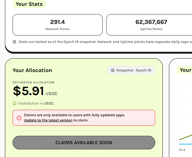 A dashboard screenshot showing 'Your Stats' with 291.4 Network Points and 62,367,667 Uptime Points, along with an 'Estimated Allocation' of $5.91 USDC, but a warning that 'Claims are only available to users with fully updated apps.'