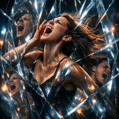 An AI-generated image of a screaming woman whose face is fragmented into a shattered mirror effect with multiple reflections of her anguished expression.