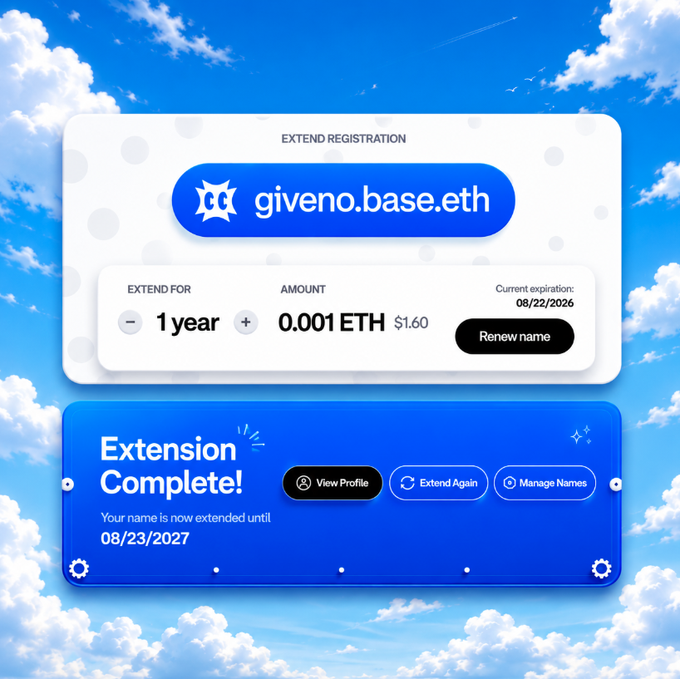 The image shows a screenshot of two blue squares on a white background, each displaying a different message related to the "Extend registration for GivenoBase.eth" website. The first square has an "Extension Complete!" message indicating that the registration process is now complete. The second square focuses on managing names and emphasizes that if you're waiting for the base airdrop, make sure your basename hasn't expired. It also provides instructions to connect the wallet and open the basenames page, which contains a checklist of actions to be taken.