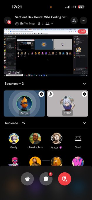 A screenshot of a Twitter Space titled 'Sentient Dev Hours: Vibe Coding Setti' hosted by fro0z1 featuring speakers Kurlyk and fro0z1, with 19 audience members visible.