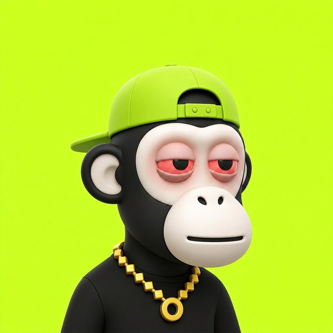 A 3D-rendered cartoon monkey character wearing a green backwards cap and a gold chain necklace against a bright green background.