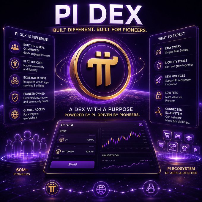 A futuristic purple-themed infographic titled "PI DEX" with the tagline "Built Different. Built for Pioneers" showcases the proposed Pi Network decentralized exchange, highlighting features like "60M+ Pioneers," native PI token swaps, liquidity pools, low fees, and the broader Pi ecosystem of apps and utilities. The image directly supports the post's claim by illustrating how Pi DEX development could serve as a major ecosystem milestone, centralizing swaps, liquidity, and innovation for the global Pi community.