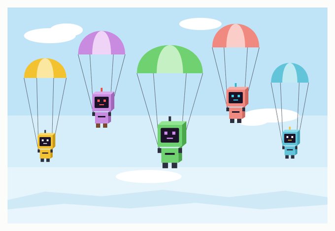 A colorful cartoon illustration of five pixelated robot characters in various colors (yellow, purple, green, red, blue) descending from the sky with parachutes against a blue sky with clouds.