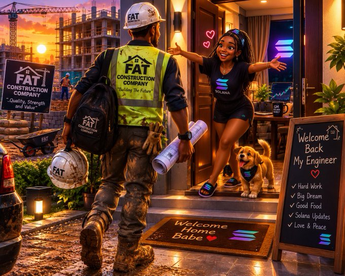 A digital illustration of a construction worker wearing a vest labeled "FAT CONSTRUCTION COMPANY" returning home to a woman wearing a "SOLANA" shirt, with a chalkboard reading "Welcome Back My Engineer" listing things like "Hard Work," "Big Dream," "Good Food," "Solana Updates," and "Love & Peace."
