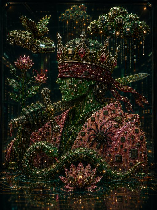 A regal, circuit-board king wearing a jeweled crown with a hummingbird and serpent accompanies him, rendered in a rich green and red palette that evokes the mind-soothing, treasure-like qualities of mindfulness and Web3 incentives described in the post.