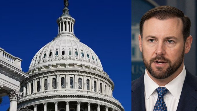 The image shows the U.S. Capitol dome alongside White House official Patrick Witt, who is featured in the accompanying post urging swift passage of the Crypto CLARITY Act to accommodate trillions in anticipated market growth.