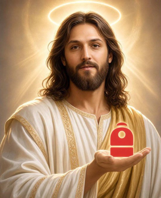An AI-generated depiction of Jesus Christ with a glowing halo, wearing white and gold robes, holding out a hand with a red icon (resembling a notification or user symbol) hovering above the palm.